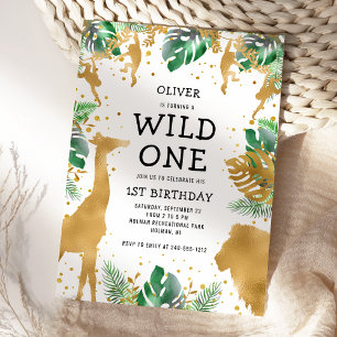Wild One Safari 1st Birthday Green Gold Black Invitation