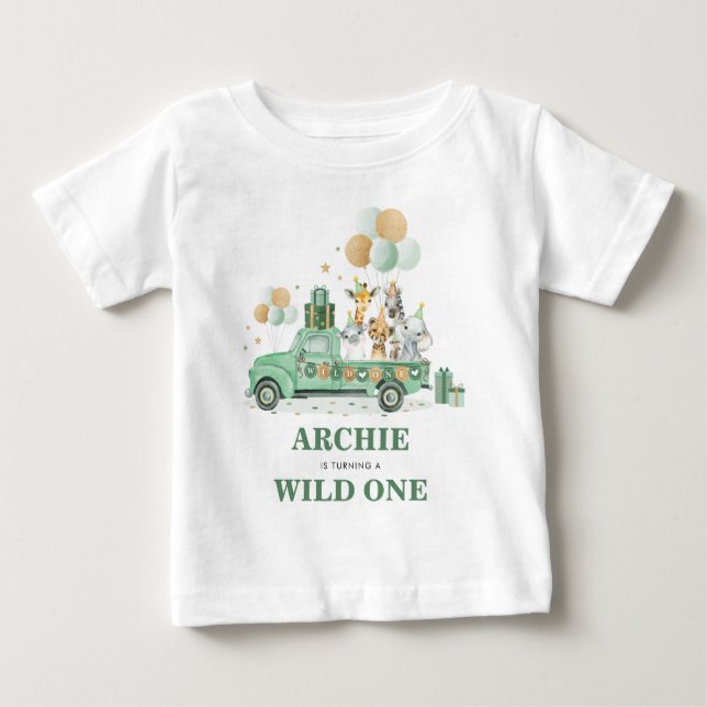 Wild One Safari 1st Birthday Greenery Gold Party Baby T-Shirt (Front)