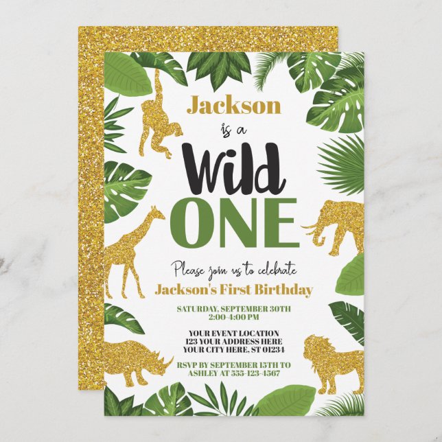 Wild One Safari 1st Birthday Invitation Boy Gold (Front/Back)