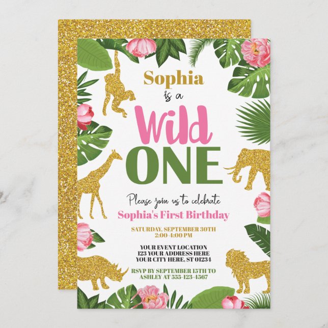 Wild One Safari 1st Birthday Invitation Girl Gold (Front/Back)