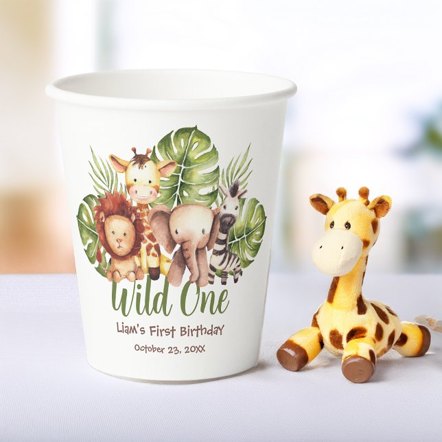 Wild One Safari 1st Birthday Jungle Animals Leaves Paper Cups (Creator Uploaded)