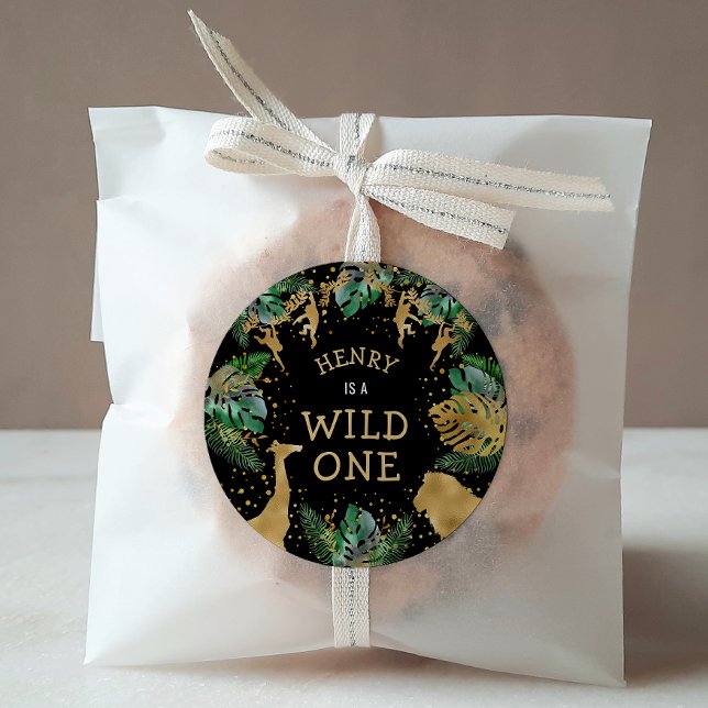 Wild One Safari 1st Birthday Party Green Black Classic Round Sticker (Creator Uploaded)