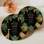 Wild One Safari 1st Birthday Party Green Black Paper Plate<br><div class="desc">Celebrate your little wild one's first birthday with these jungle safari themed paper plates,  featuring gold faux foil animals (giraffe,  lion and monkeys),  gold and green jungle foliage,  and a sprinkling of gold confetti. Add your child's name and other custom text in gold and white on a black background.</div>