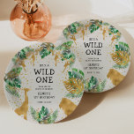 Wild One Safari 1st Birthday Party Green Ecru Paper Plate<br><div class="desc">Celebrate your little wild one's first birthday with these jungle safari themed paper plates,  featuring gold faux foil animals (giraffe,  lion and monkeys),  gold and green jungle foliage,  and a sprinkling of gold confetti. Add your child's name and other custom text in black on an ecru background.</div>
