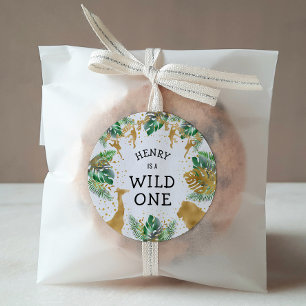 Wild One Safari 1st Birthday Party Green Gold Classic Round Sticker