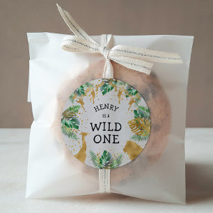 Wild One Safari 1st Birthday Party Green Gold Ecru Classic Round Sticker