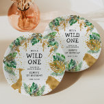 Wild One Safari 1st Birthday Party Green Gold Paper Plate<br><div class="desc">Celebrate your little wild one's first birthday with these jungle safari themed paper plates,  featuring gold faux foil animals (giraffe,  lion and monkeys),  gold and green jungle foliage,  and a sprinkling of gold confetti. Add your child's name and other custom text in black on a white background.</div>