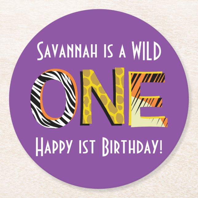 Wild One Safari 1st Birthday Party Kid's Round Paper Coaster (Front)