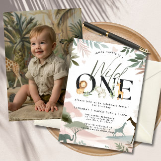Wild One Safari 1st Birthday Party Photo Invitation