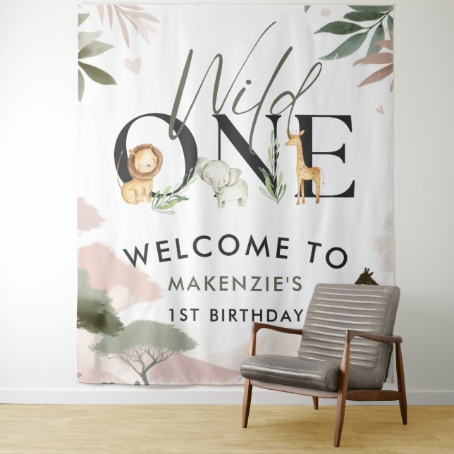 Wild One Safari 1st Birthday Tapestry (In Situ)