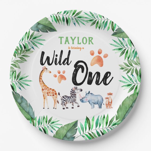Wild One Safari Animal 1st Birthday Party Paper Plate (Front)