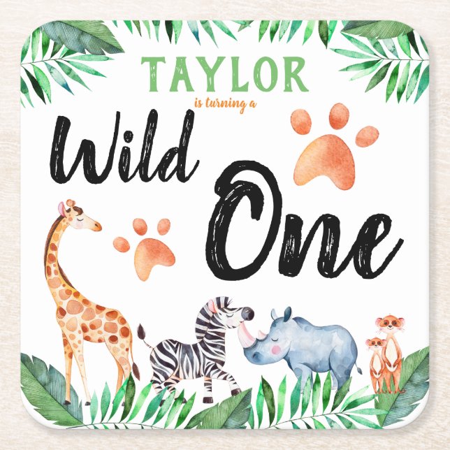 Wild One Safari Animal 1st Birthday Party Square Paper Coaster (Front)