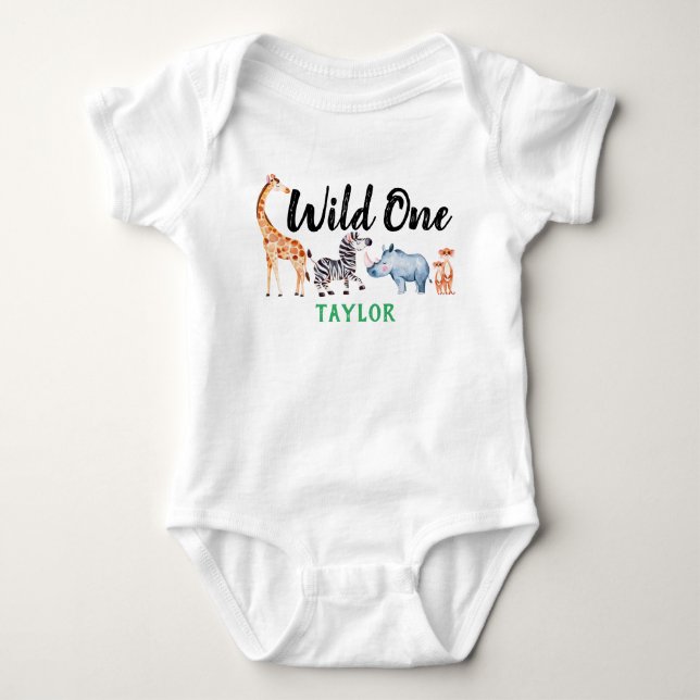 Wild One Safari Animal 1st Birthday Personalised Baby Bodysuit (Front)