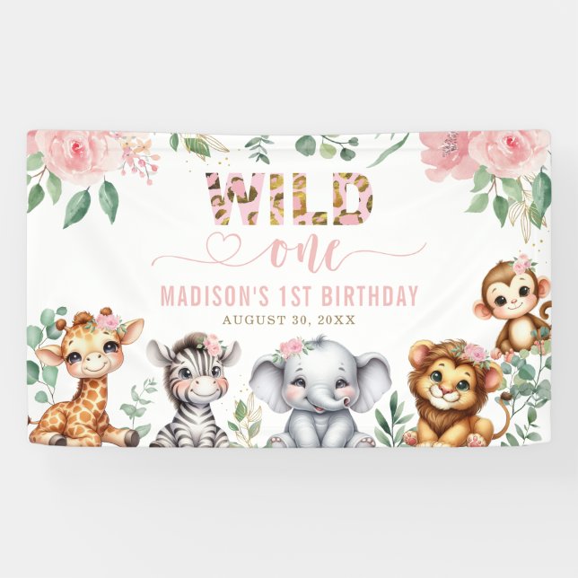 Wild One Safari Animal Blush Floral 1st Birthday Banner (Horizontal)