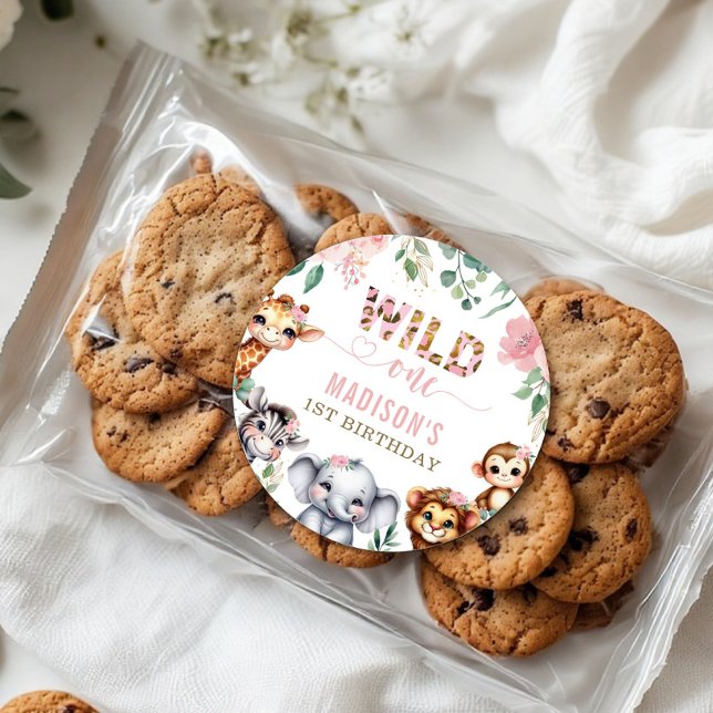 Wild One Safari Animal Blush Floral 1st Birthday Classic Round Sticker (Creator Uploaded)
