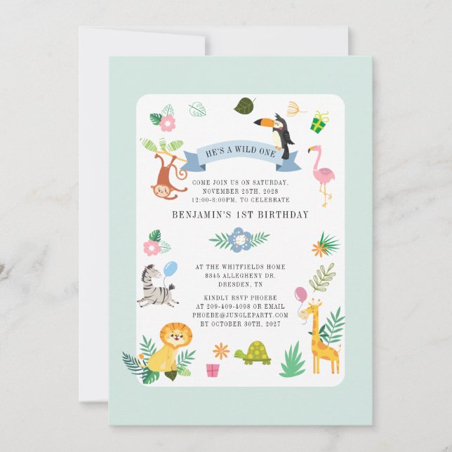 Wild One Safari Animal Gender Neutral 1st Birthday Invitation (Front)