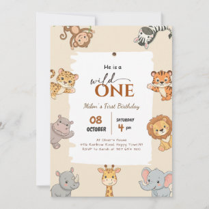 Wild One Safari Animal Girl Boy 1st Birthday Party Invitation