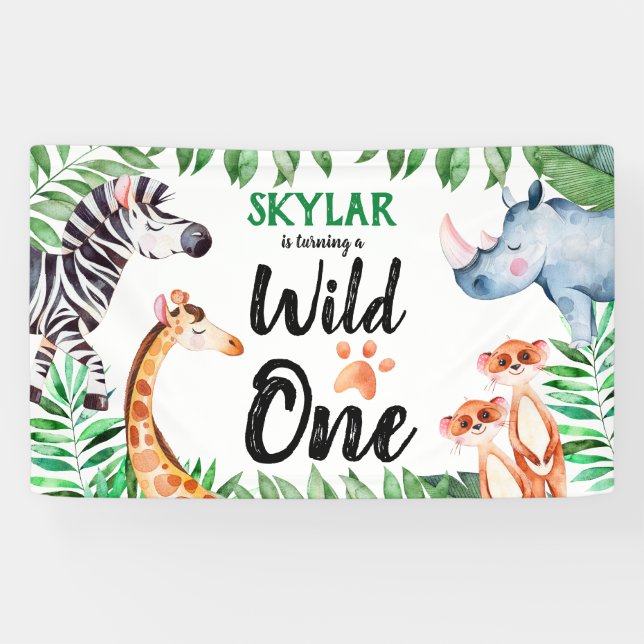 Wild One Safari Animal Kids 1st Birthday Party Banner (Horizontal)
