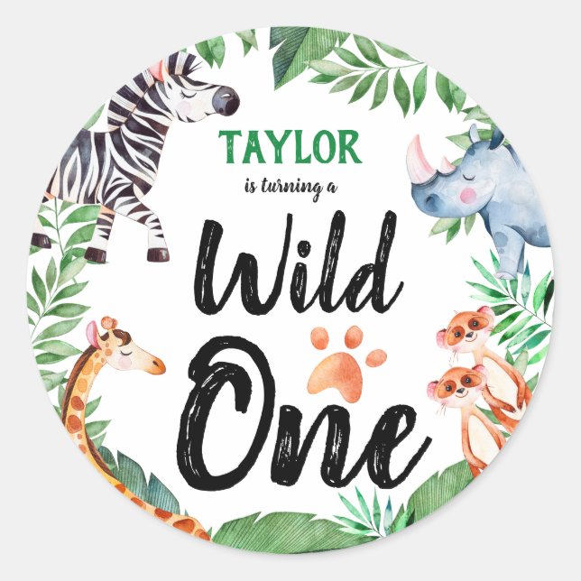 Wild One Safari Animal Kids 1st Birthday Party Classic Round Sticker (Front)