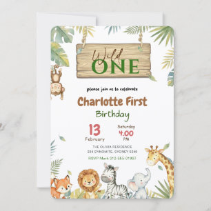 Wild One Safari Animal Kids 1st Birthday Party Invitation