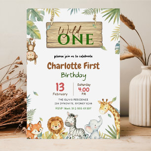 Wild One Safari Animal Kids 1st Birthday Party Invitation