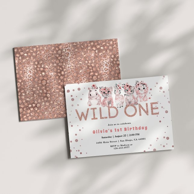 Wild One Safari Animal Rose Gold 1st Birthday Girl Invitation (Creator Uploaded)