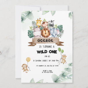 Wild One Safari Animals 1st Birthday Boys Invitation