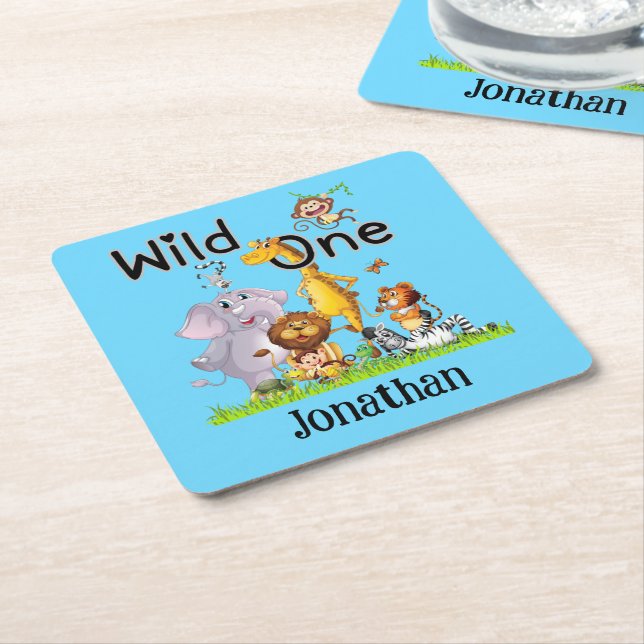 Wild One Safari Animals 1st Birthday cartoon Invit Square Paper Coaster (Angled)