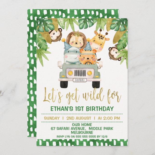 Wild One Safari Animals 1st Birthday Invitation (Front/Back)