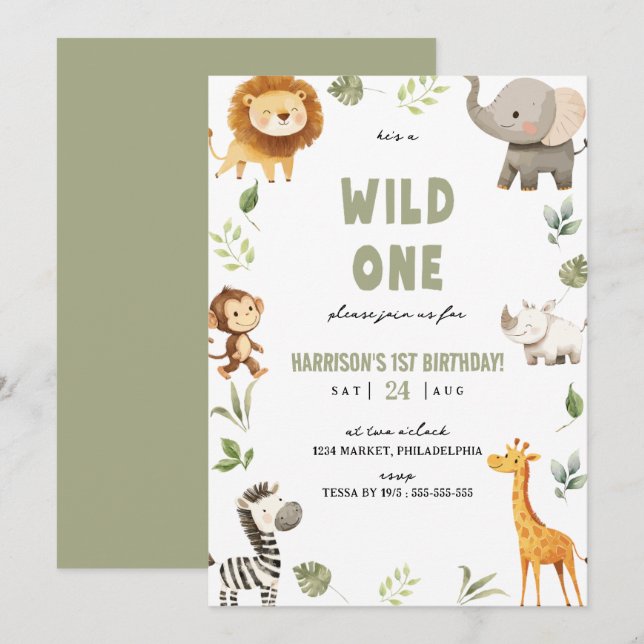 Wild One Safari Animals 1st Birthday Invitation (Front/Back)