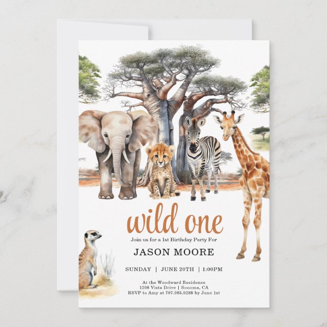 Wild One Safari Animals 1st Birthday Invitation (Front)