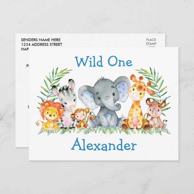 Wild One Safari Animals 1st Birthday Invitation Postcard (Front/Back)