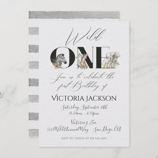 Wild One safari Animals 1st Birthday Invitations (Front/Back)