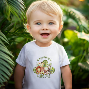Wild One Safari Animals 1st Birthday Jungle Leaves Baby T-Shirt