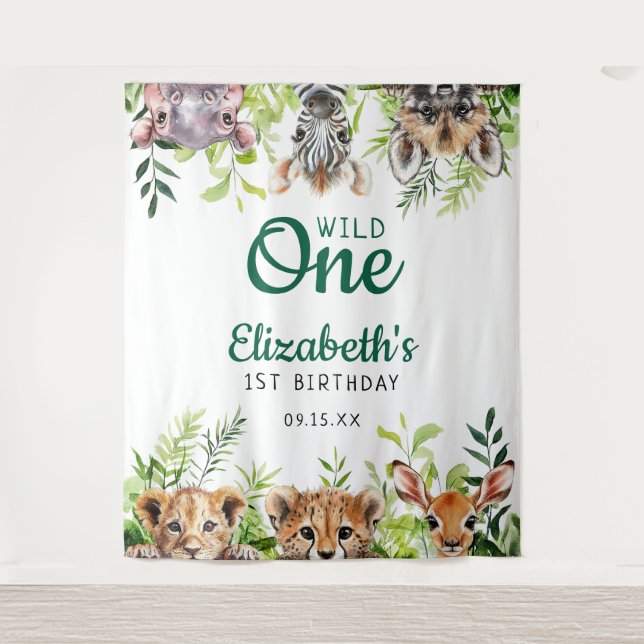 Wild One Safari Animals 1st Birthday Photo Prop Tapestry (Front)
