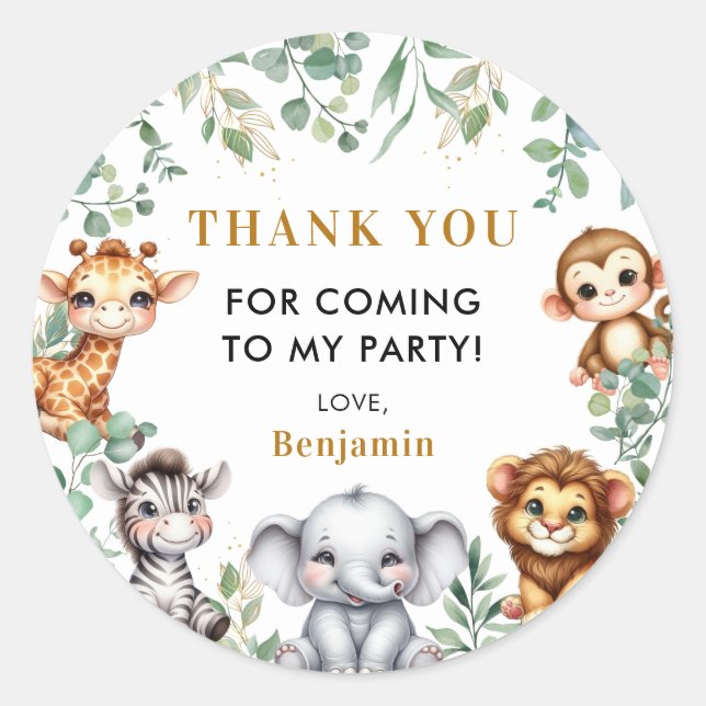 Wild One Safari Animals 1st Birthday Thank You Classic Round Sticker (Front)