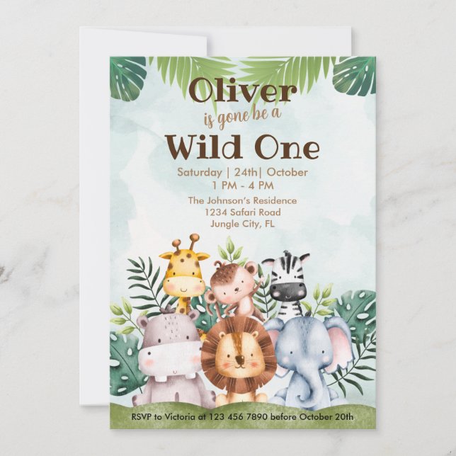 Wild One Safari Animals 1st Birthday Watercolor Invitation (Front)