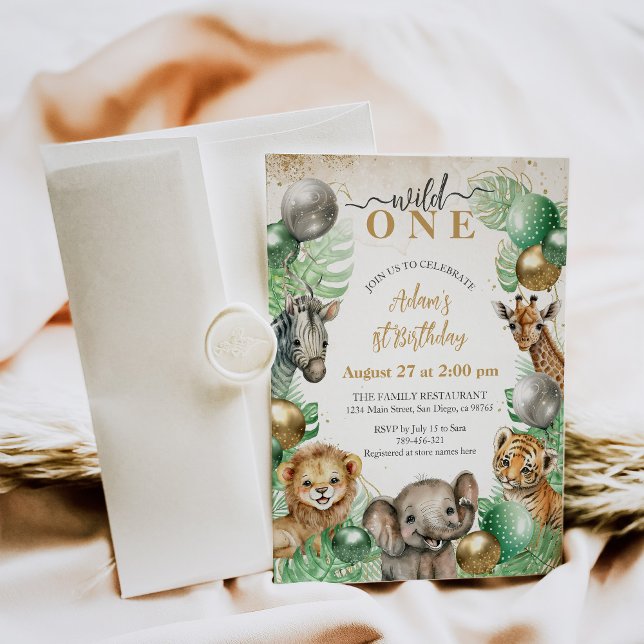 Wild One Safari animals Balloon Baby 1st birthday Invitation (Creator Uploaded)