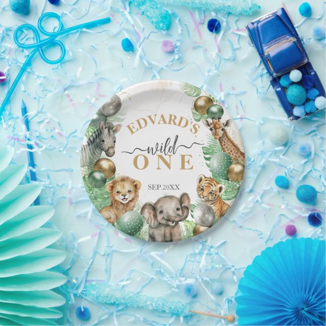 Wild One Safari animals Balloon Baby 1st birthday Paper Plate (Party)