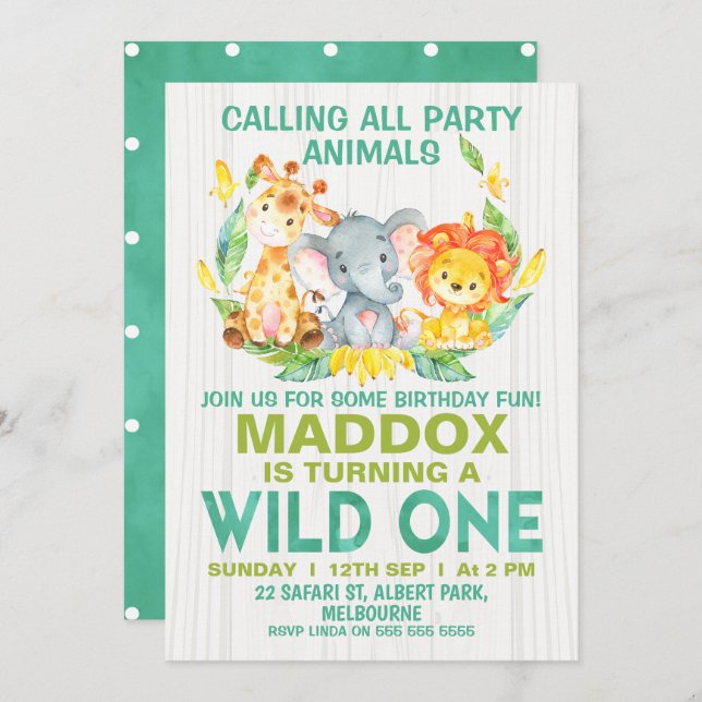 Wild One Safari Animals Birthday Invitation (Front/Back)