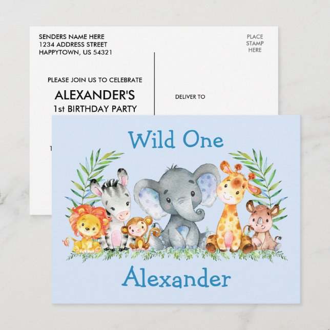 Wild One Safari Animals Birthday Invitation Blue Postcard (Front/Back)