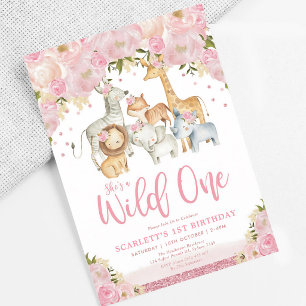 Wild One Safari Animals Blush Floral Girl Invitation