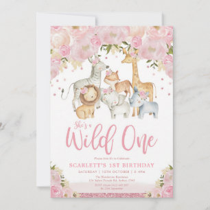 Wild One Safari Animals Blush Floral Girl Invitation