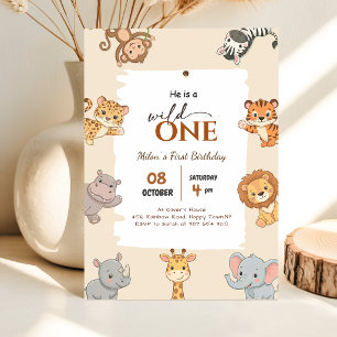 Wild One Safari Animals Boy 1st Birthday Party Invitation