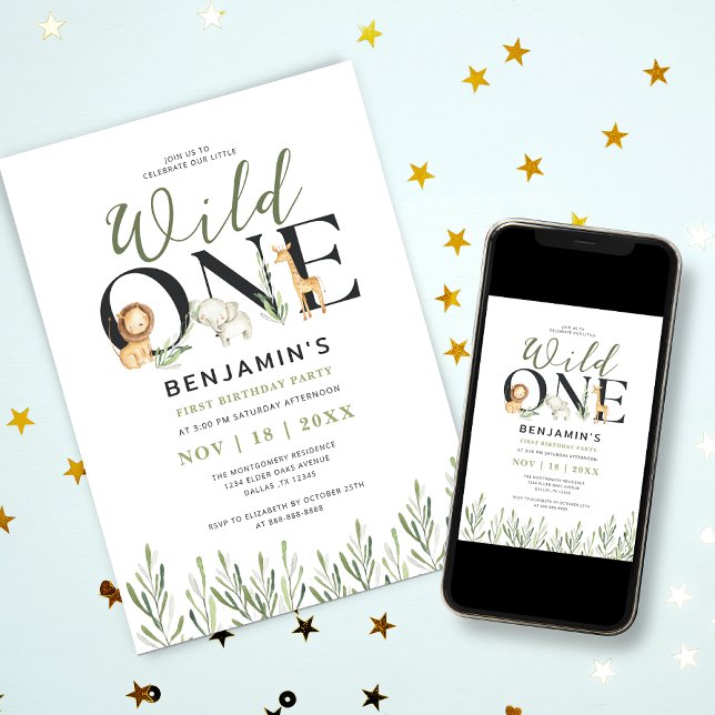 Wild One Safari Animals Boy 1st Birthday Party Invitation (Creator Uploaded)