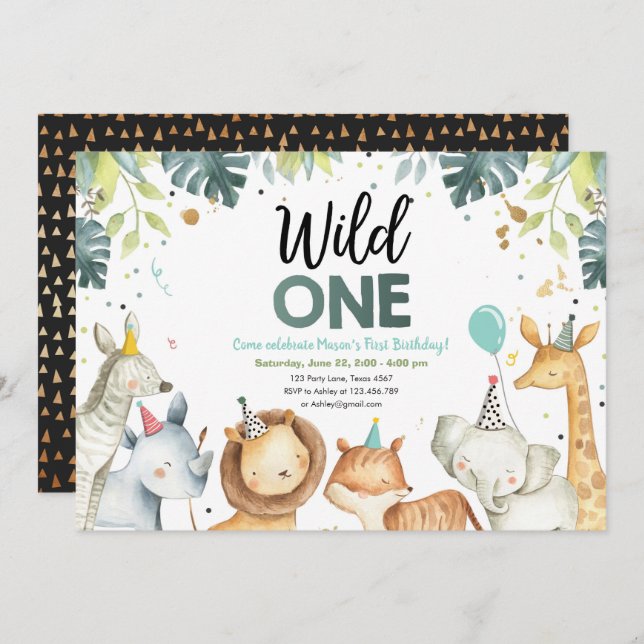 Wild One Safari Animals Boy Birthday Invitation (Front/Back)