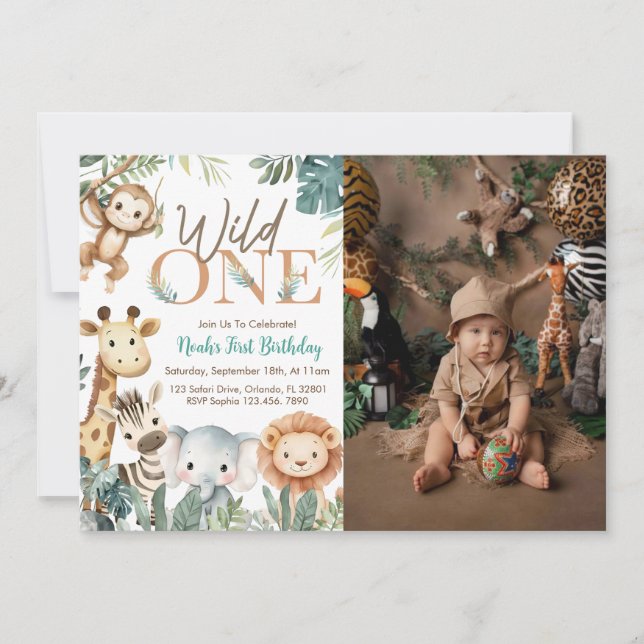Wild One Safari Animals Boy Birthday Party Photo Invitation (Front)