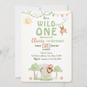 Wild One Safari Animals Boy First Birthday  Invitation