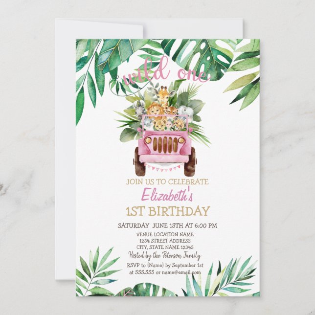 Wild One Safari Animals Car,Leaves 1st Birthday  Invitation (Front)