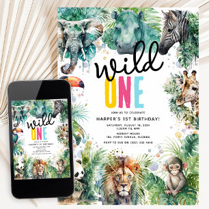 Wild ONE' Safari Animals Cool 1st Birthday Invitation
